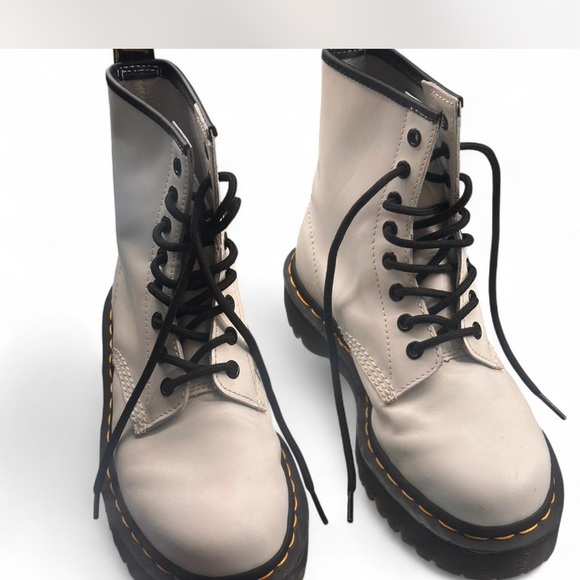Dr. Martens Shoes - Dr. Martens Cream Combat Moto Boots with Durable Sole